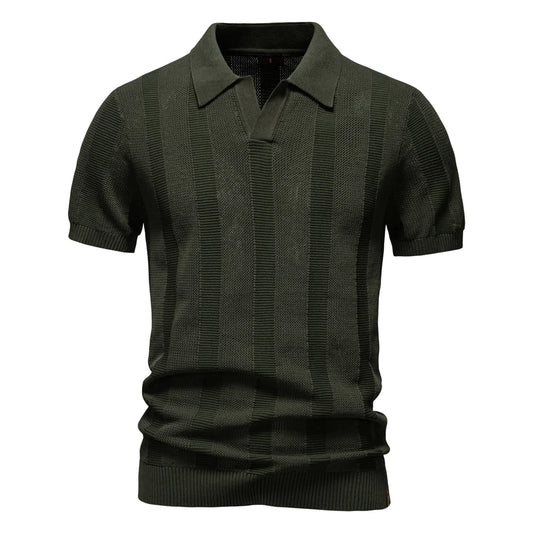 AIOPESON 2025 Men's Solid & Striped Mesh Polo Shirt - Breathable Knit Casual Top with Turn-Down Collar