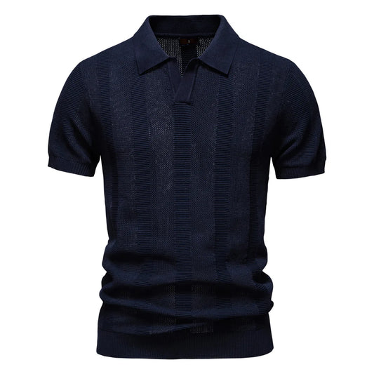 AIOPESON 2025 Men's Solid & Striped Mesh Polo Shirt - Breathable Knit Casual Top with Turn-Down Collar