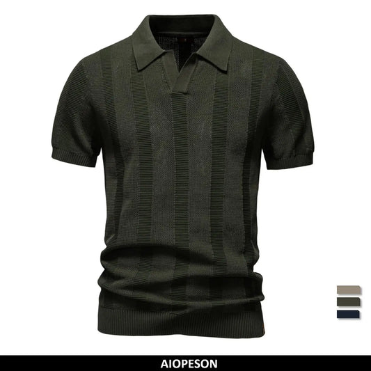 AIOPESON 2025 Men's Solid & Striped Mesh Polo Shirt - Breathable Knit Casual Top with Turn-Down Collar
