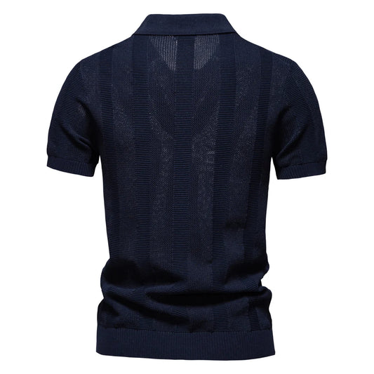 AIOPESON 2025 Men's Solid & Striped Mesh Polo Shirt - Breathable Knit Casual Top with Turn-Down Collar